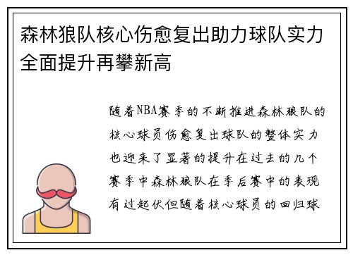 森林狼队核心伤愈复出助力球队实力全面提升再攀新高