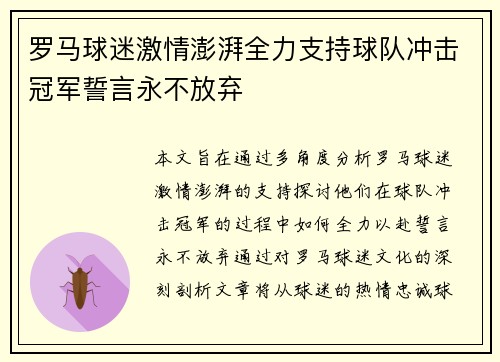 罗马球迷激情澎湃全力支持球队冲击冠军誓言永不放弃