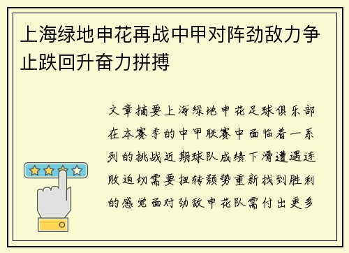 上海绿地申花再战中甲对阵劲敌力争止跌回升奋力拼搏
