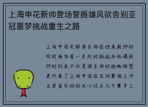 上海申花新帅登场誓振雄风欲告别亚冠噩梦挑战重生之路